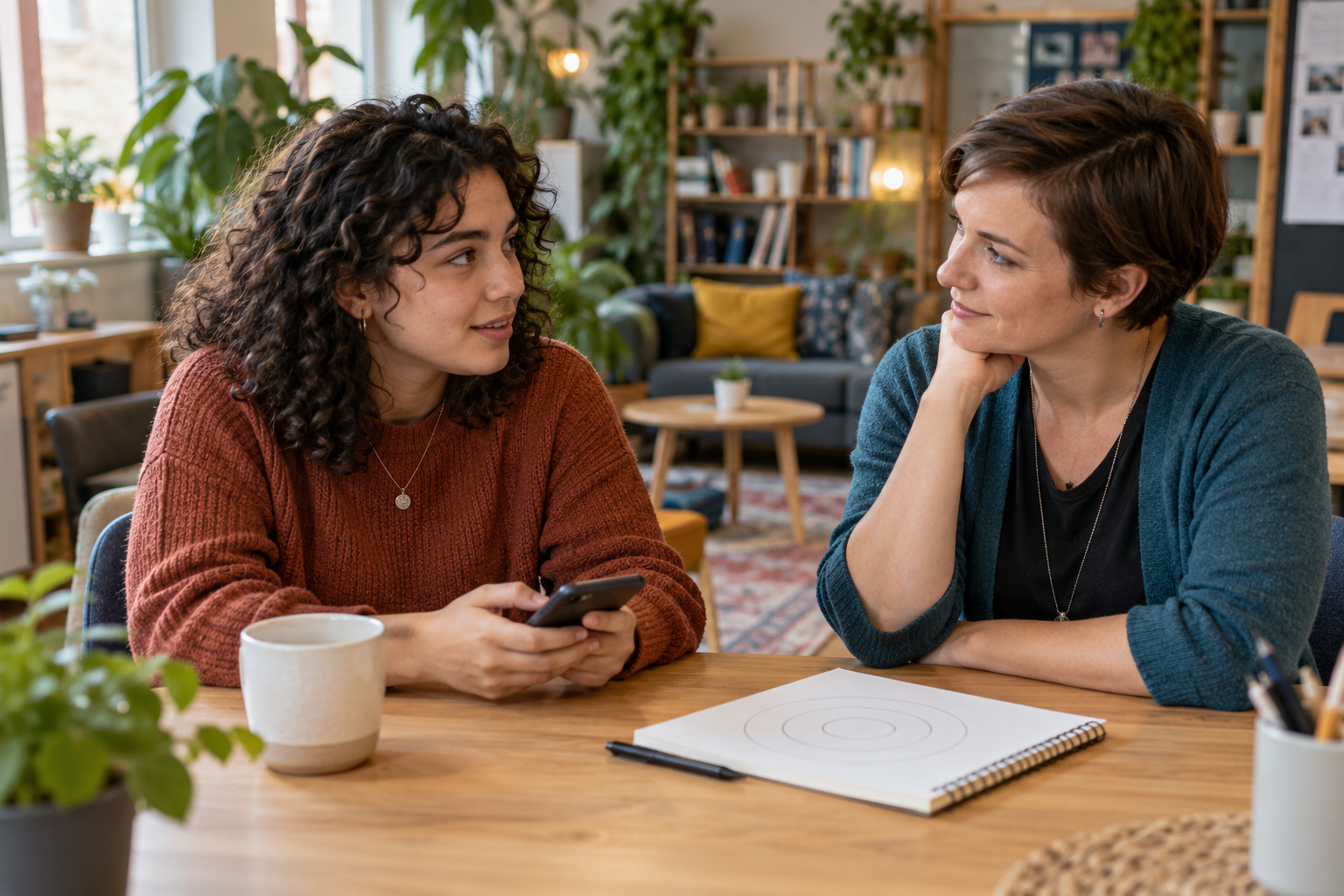 Photorealistic fictional scene: Alex talks with Sam at the community centre